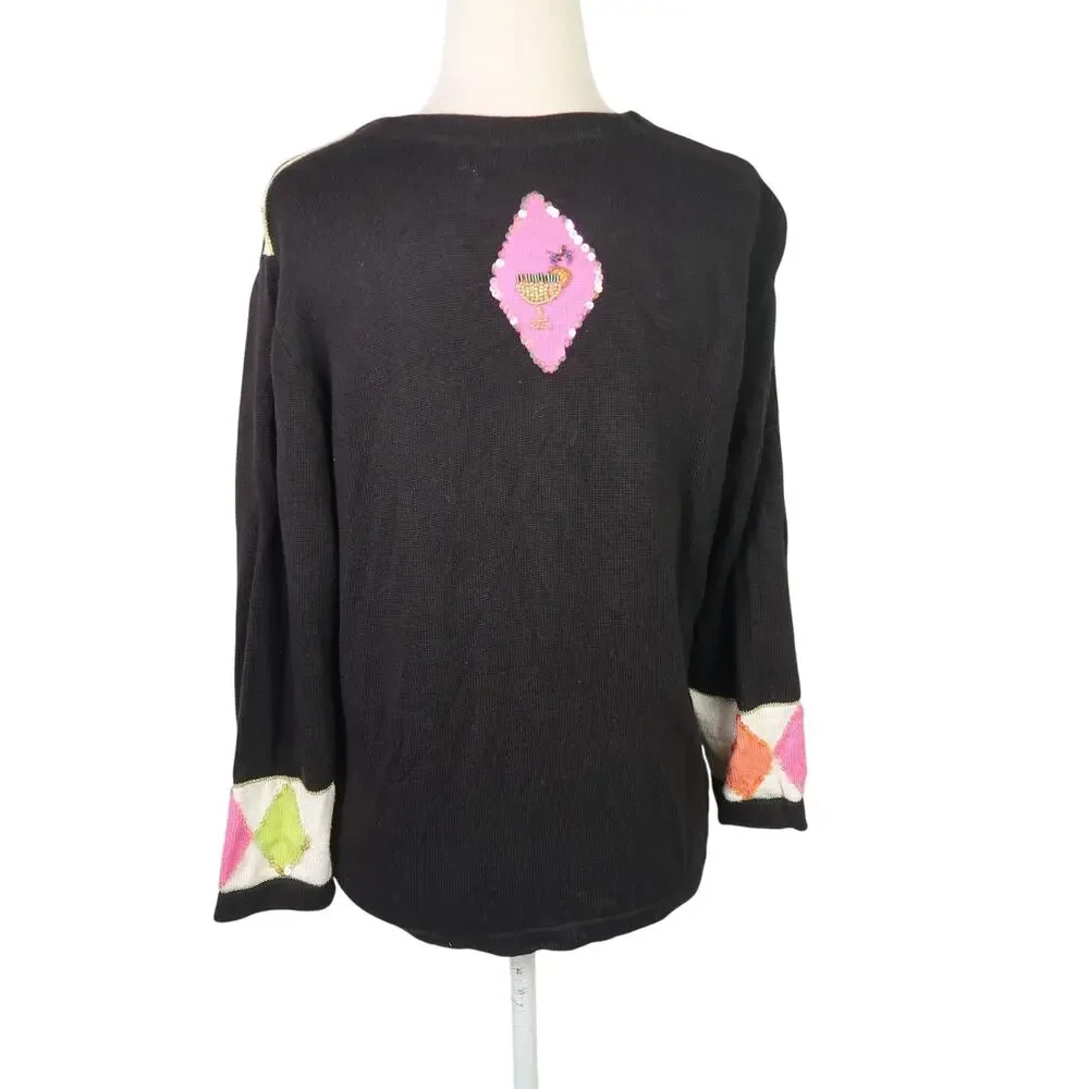 Vintage 90s Just B Black Diamond Cocktail Drink Beaded Cardigan Sweater L
